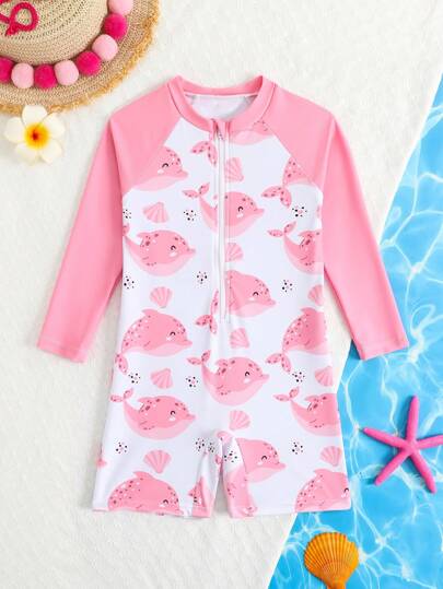 SHEIN Young Girl' One-Piece Swimsuit With Cute Shark Print, Long Sleeve Protective One-Piece Swimsuit Summer Holiday