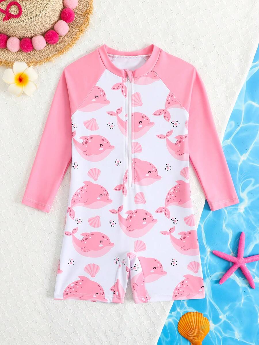 SHEIN Young Girl' One-Piece Swimsuit With Cute Shark Print, Long Sleeve Protective One-Piece Swimsuit Summer Holiday - Baby Pink - View 1