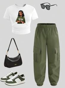 Sparklyn Tween Girl Cartoon Character Printed Crew Neck Short Sleeve T-Shirt And Cargo Pants Casual Suit - Army Green - View 2