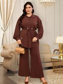 Mulvari 2pcs/Set Women Plus Size Rhinestone Floral Print Long Sleeve Shirt And Pants Suit - Brown - View 1