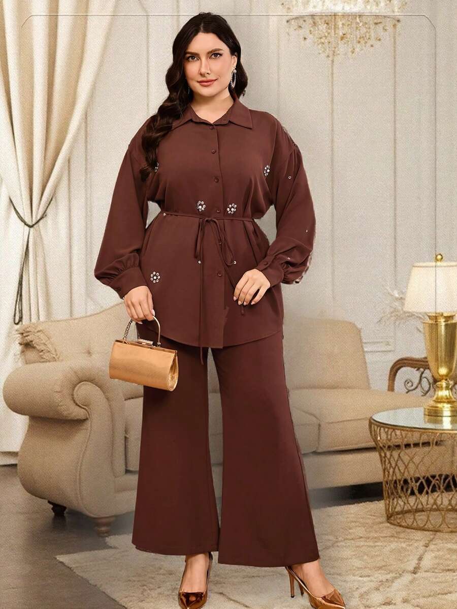 Mulvari 2pcs/Set Women Plus Size Rhinestone Floral Print Long Sleeve Shirt And Pants Suit - Brown - View 1