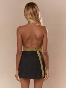 MISSGUIDED PU Plunge Halter Neck Open Back Vest Top - Khaki - View 2