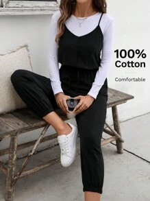 SHEIN LUNE Women'S Solid Color Strap Jumpsuit - Black - View 7