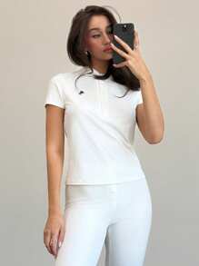 Aloruh Damen Ritter-Muster Polokragen Kurzarm Lässig T-Shirt Abschluss Minimalismus - Weiss - Übersicht 7