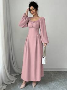 Modelyn 女士优雅长裙，方领，灯笼袖，褶皱，后系带，纯色，适合秋季长款女装