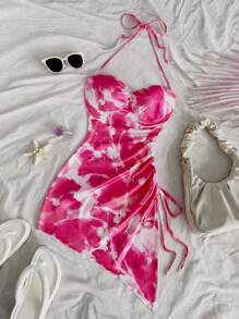 Soleia Vacation Casual Halter Drawstring Asymmetric Hem Tie-Dye Bodycon Dress - Pink - View 5