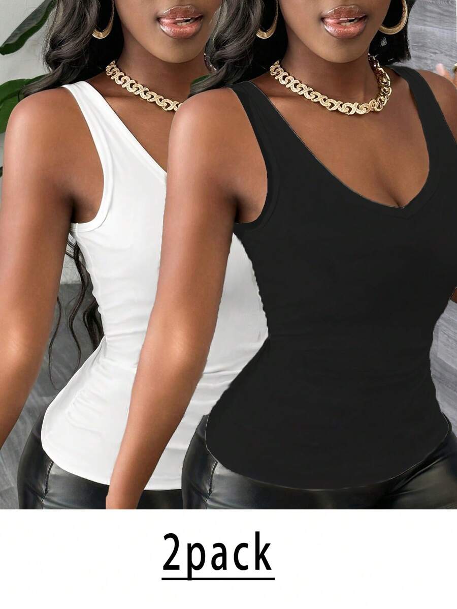 Slaydiva 2pcs Minimalist Casual V-Neck Camisole Tank Top Set, Black & White, Suitable For Summer, Plus Size Back To School - Multicolor - View 1