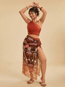 Travachic Plus Size Vacation Casual Tropical Retro Print Spring/Summer Beachwear Set - Halter Top + High-Waist Shorts + Palm Tree Retro Print Sarong Cover-Up - Brown - View 5