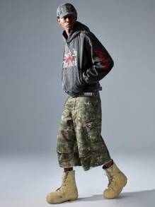 NEON BLANC Men's Streetwear Fashion Denim Wide Leg Camouflage Embroidered Pocket 3/4 Pants, School - Army Green - View 4