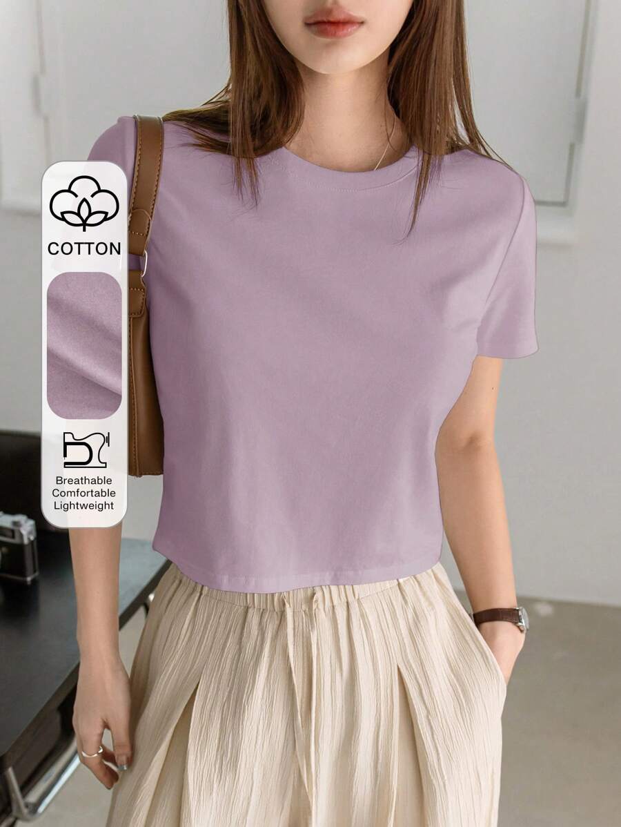 Dazy-Less Solid Color Round Neck Casual Short Sleeve T-Shirt Summer,Crop Tops Women Business Casual Woman Work Clothes - Purple - View 1