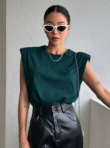 DAZY Solid Color Round Neck Sleeveless Padded Shoulder Women's T-Shirt Y2k Summer