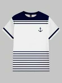 Manfinity VCAY Men's Vacation Casual Colorblock Striped Anchor Printed T-Shirt