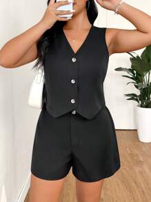 SHEIN EZwear 1 pieza Conjunto de chaleco negro de cuello en V de talla grande y 1 pieza Conjunto de pantalones cortos con cintura elástica, para graduación, regreso a la escuela, atuendos de maestras en otoño/invierno - Negro - Ver 11