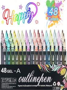 SHEIN 8/12/24/36/48 Couleurs de stylos de contour double ligne, marqueurs métalliques d'auto-contour, stylos scintillants pour écriture et dessin, pour cartes de Noël, artisanat DIY