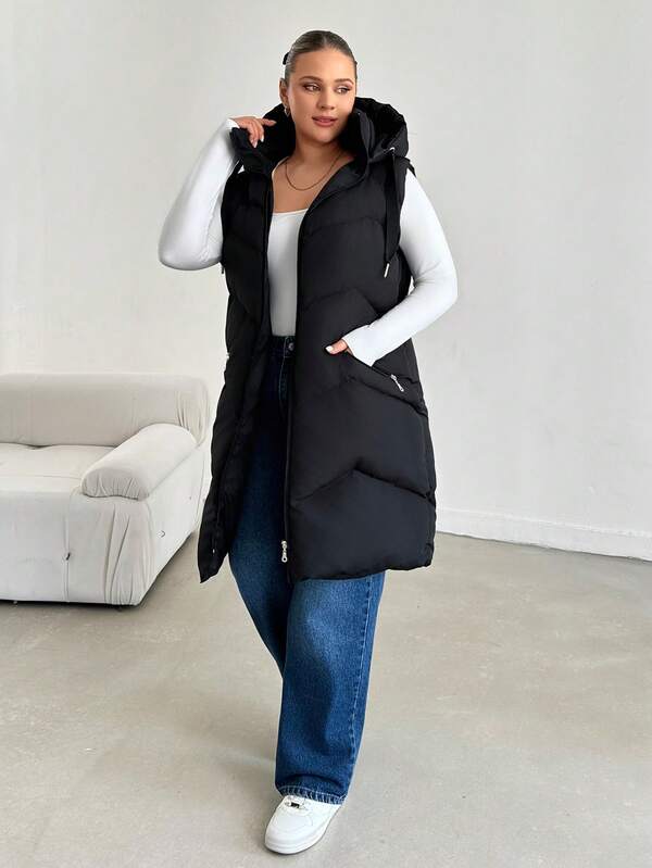 Chaleco para mujer sin mangas talla grande con capucha, abrigo exterior con cremallera, bolsillos, acolchado de invierno