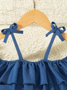 SHEIN 1pc Girls Young Girl Cute Vintage Denim Effect Elastic High-Waist Sleeveless Dress With Sunflower Lace Trim, Short Front Long Back Asymmetrical Design, Casual For Various Occasions Girls Young Girls Dresses Clothes For Girls Young Girls Dresses Girls Clothes Young Girls Dresses Young Girls Clothing Dress Youth Girl Dresses - Blue - View 3