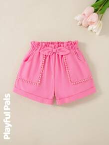 SHEIN Girls' Casual Polka Dot Print Floral Trim Ruffle Hem Elastic Waist Shorts With Pockets, Lightweight Cotton Blend Fabric, Adorable Design Lace - Pink - View 8