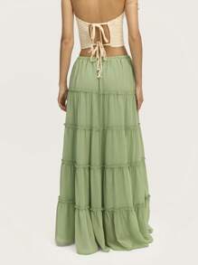 Nöista Women Solid Color Maxi Skirt Tie Ruffled Spring Summer - Green - View 2