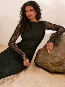 Opulessa 1pc Women's Plain Knit Backless Long Sleeve Fishtail Dress - Black - View 6