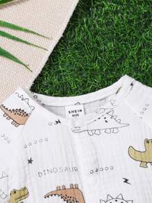 SHEIN 新生婴儿可爱恐龙印花棉质绉布连体衣，男女通用