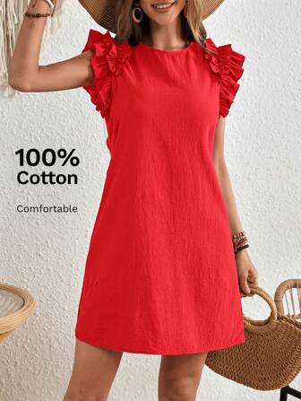 EMERY ROSE Vestido mini festivo con diseño tejido de unicolor y ribete de volantes decorados para mujeres