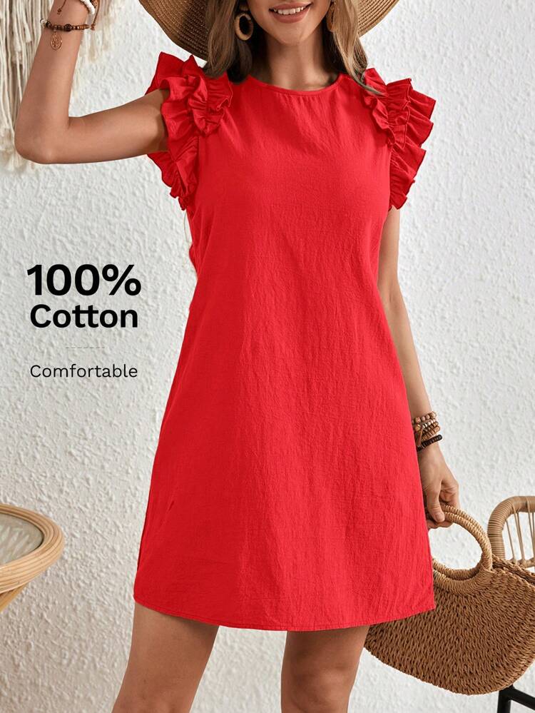Plus Size Women's Summer Casual Vacation  Country Frill Trim Round Neck Red Solid Short Dress,Early Spring,Spring Break Outfits ,Vacation Outfits Women ,Holiday Outfits For Women,Spring Dress Women,Going Out Outfits,2026 New Clothes,Simple And Fashionable For Everyday Wear