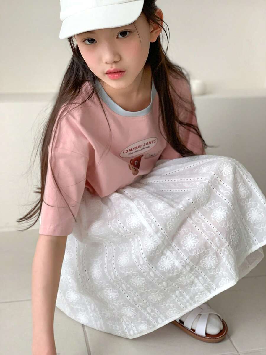 DAZY 2 件套 Tween Girl 秋季短袖针织 T 恤,带熊印花和编织裙子,夏季,返校服装 - 粉色 - 查看 1