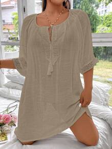 Swim Lushoire Women Plus Size Solid Color Raglan Sleeve Drawstring Loose Cover Up Shorts Dress, Casual & Flattering For Beach Resort For Summer Beach Vacation - Khaki - View 4