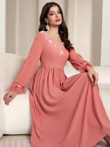 Modelyn Women's Pearl Decor Cinched Waist Flared Dress For Parties - Orange - View 1