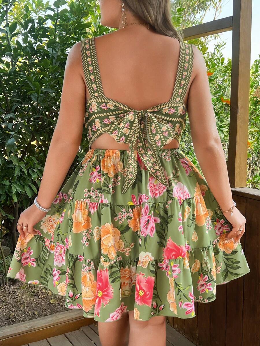 Flirla Plus Size Women Green Floral Print Sleeveless Vacation Hawaiian Dress, For Spring - Multicolor - View 1