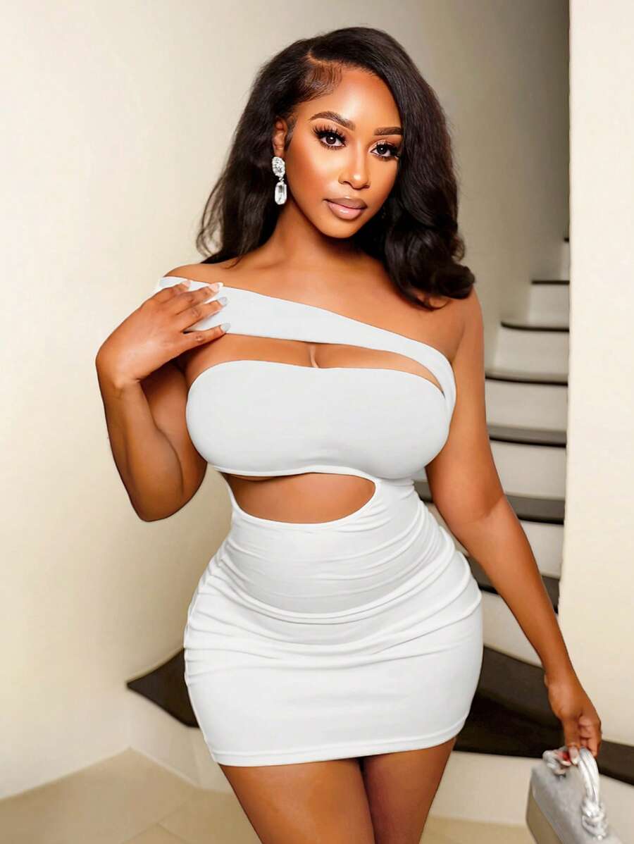 BamGleam Đầm mini hở vai màu trắng gợi cảm cho nữ - trắng - Xem 1