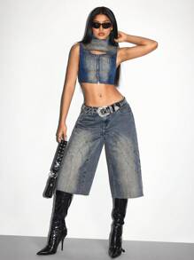 Jeanoix 女士拉链前开衩短款无袖牛仔上衣 - 藍色 - 查看 2