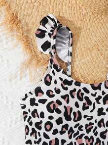 SHEIN Tween Girl Leopard Print Patchwork Ruffle One-Piece Swimsuit With Cover-Up Mini Skirt - Black - View 4