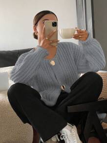 SHEIN Frenchy Chaqueta larga de punto de un solo abotonadura de manga larga y hombros caídos, de unicolor, para mujer, para otoño/invierno