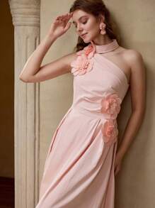 MOTF 3D FLOWER ASYMMETRICAL NECK MID-LENGTH DRESS - Pink - View 3