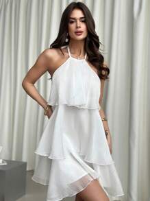 Firerie Valentine's Day New Elegant Romantic Date Backless Layered Hem White Organza Halter Swing Dress, Fancy Doll Dress,White Graduation Dress Spring/Summer Fairycore,Graduation,Graduation Dresses For Women,Back To School Dress - White - View 7