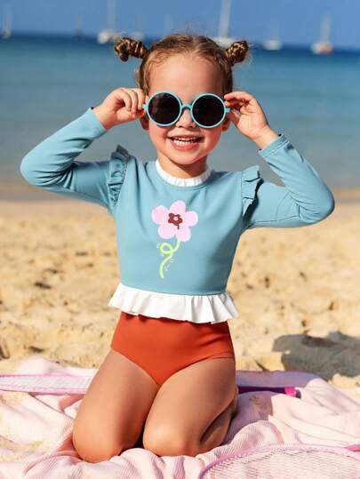 1 件装小女孩可爱花朵连体泳衣，儿童海滩度假游泳衣，运动紧身衣泳装