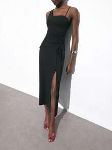 Maija 2025 年夏季新品不对称剪裁肩部抽绳系带侧高开衩设计波西米亚风度假音乐节海滩度假休闲浪漫都市度假连衣裙，适合外出、派对、婚礼嘉宾、圣帕特里克节、春假、复活节