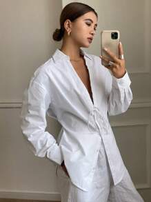 Livesso Women Solid Color Fitted Long Sleeve Drawstring Ruched Tie Blouse Summer Preppy Tops - White - View 10