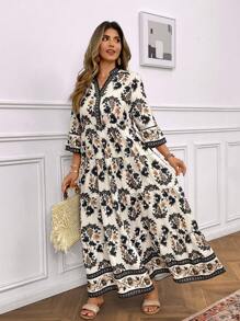 SHEIN LUNE Plus Size Women Floral Print V-Neck 3/4 Ruffle Sleeve Casual Vacation Dress Sun Dress Holiday Festival