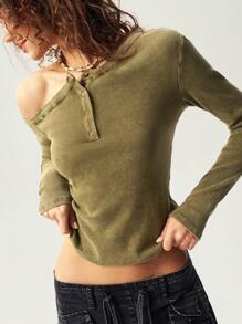 Bohemela BOHO Solid Color Asymmetrical Shoulder Long Sleeve Slim Fit Women T-Shirt