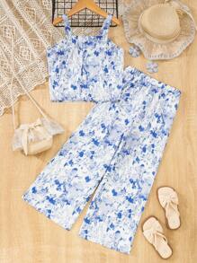 2 pezzi Completo per Ragazza Giovane: Top corto smanicato con stampa a foglia d'acero + Pantaloni a gamba larga in vita elastica con stampa a foglia d'acero, adatto per vacanze al mare (venduti separatamente in 3 set come coordinati famiglia Mamma e Figlia)
