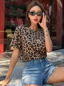 DAZY Camiseta casual de mujer con cuello redondo y estampado de guepardo y leopardo - Marrón - Ver 3