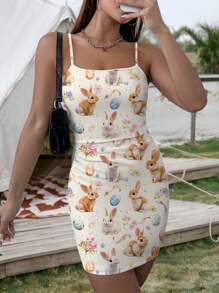 INAWLY Solva Women's Fitted Sleeveless Easter Rabbit Print Short Dress - Multicolor - View 4