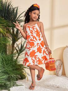 SHEIN Tween Mädchen Lässig Locker Bedrucktes Webstoff Trägerkleid in Midi-Länge, Urlaubsstil