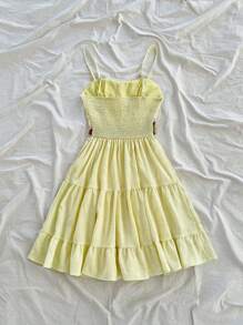 Soleia Spring Summer Vacation Ladies Solid Color Leisure Apricot 70s Outfit Vintage Summer Crochet Patchwork Ruffled Edge Waist Cinched A-Line Dress