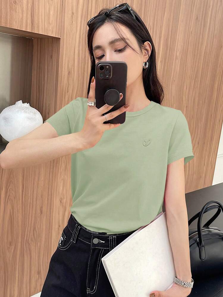 Short Sleeve T-Shirt With Embroidered Hearts, Summer Basic Tee,Business Casual Women