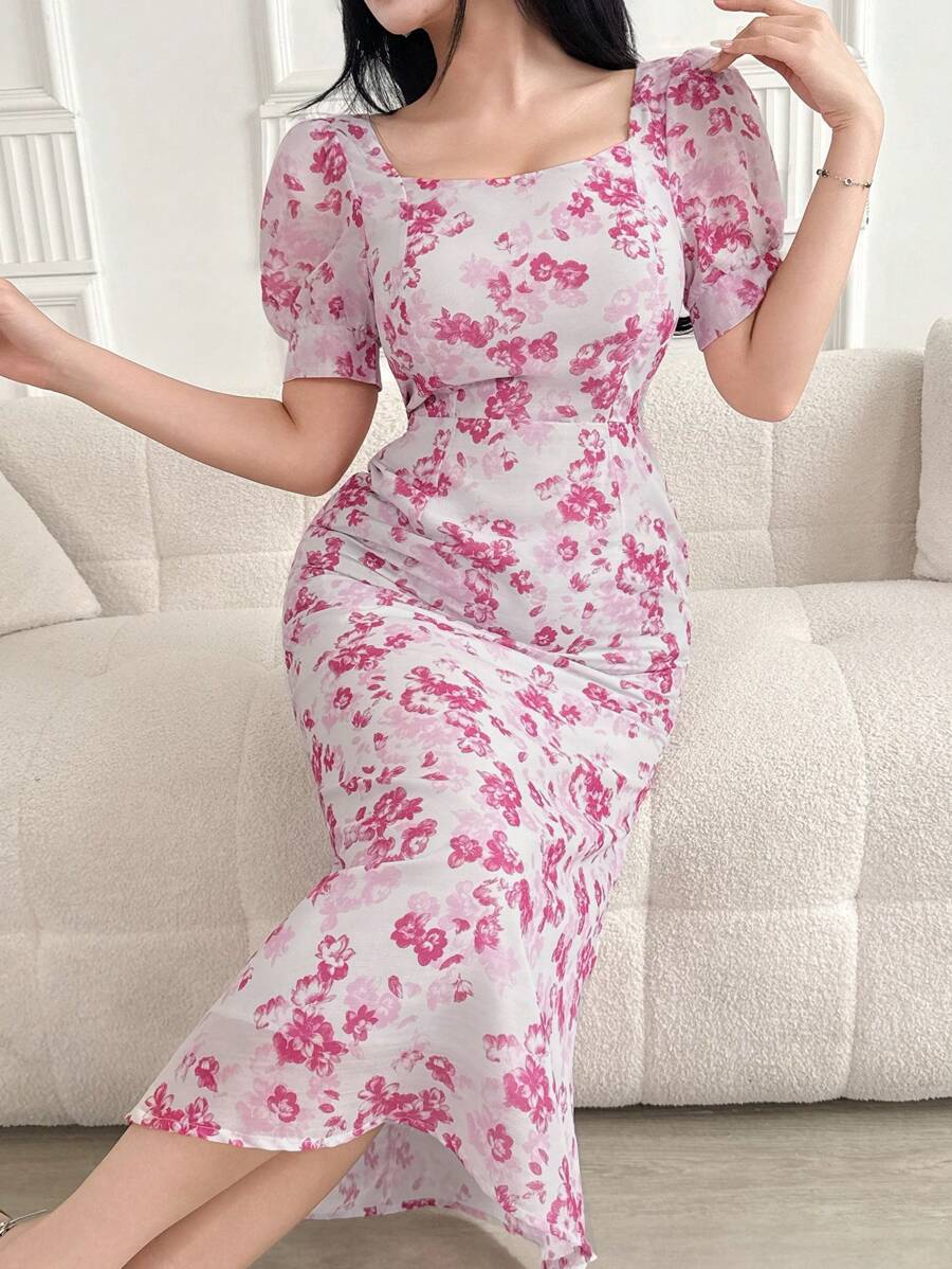 DAZY 女士方领短袖全印花连衣裙花卉太阳裙 - 粉色 - 查看 1