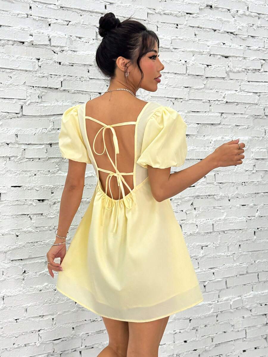 SHEIN EZwear 女士后系带泡泡袖迷你连衣裙 - 黃色 - 查看 1