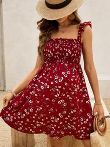 SHEIN 孕妇度假花卉印花盖袖连衣裙 - 紅色 - 查看 5